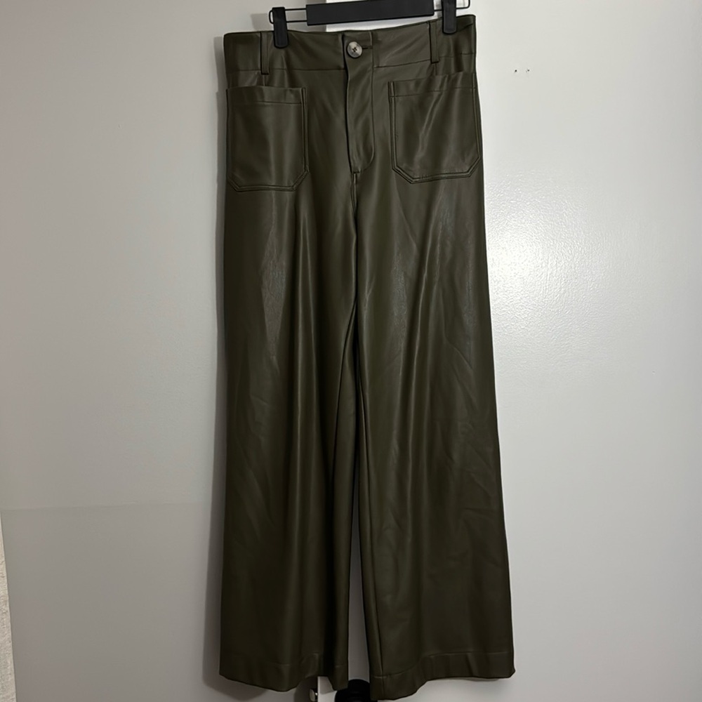 Anthropologie Maeve Colette Cropped Wide Leg Pants Faux Leather Holly Green 28 - Picture 3 of 7
